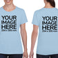 Women wearing a light blue T-Shirt, displaying from front and back side, showing that the Custom Tees can be customised with own design.