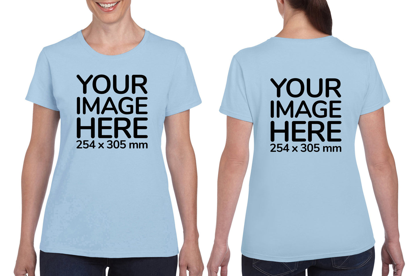 Women wearing a light blue T-Shirt, displaying from front and back side, showing that the Custom Tees can be customised with own design.