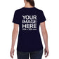 Women wearing a navy blue T-Shirt, displaying the back side, showing a placeholder image indicating that the Custom Tees can be customised with own design on back side.