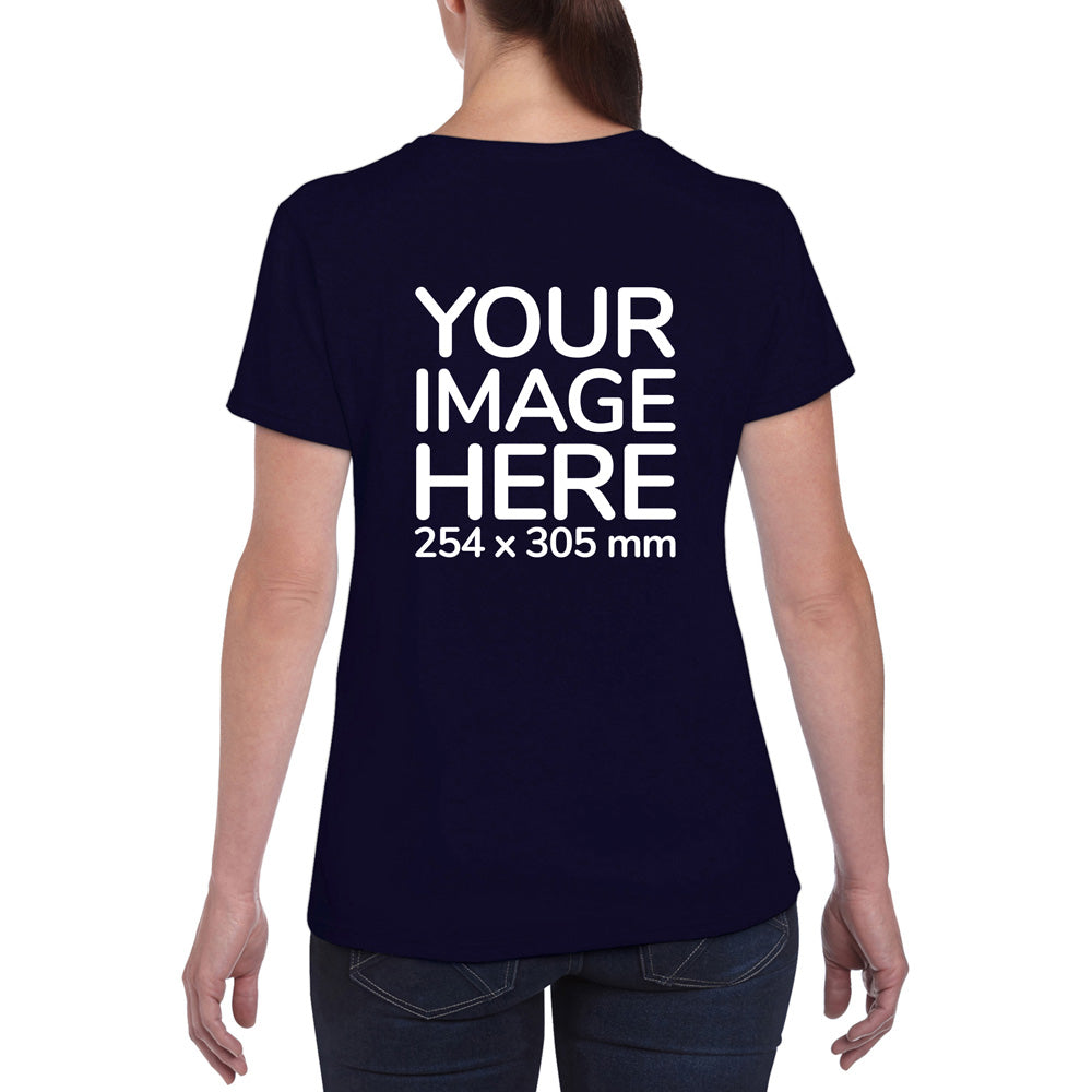 Women wearing a navy blue T-Shirt, displaying the back side, showing a placeholder image indicating that the Custom Tees can be customised with own design on back side.