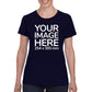 Women wearing a navy blue T-Shirt, displaying the front side, showing a placeholder image indicating that the Custom Tees can be customised with own design on front side.
