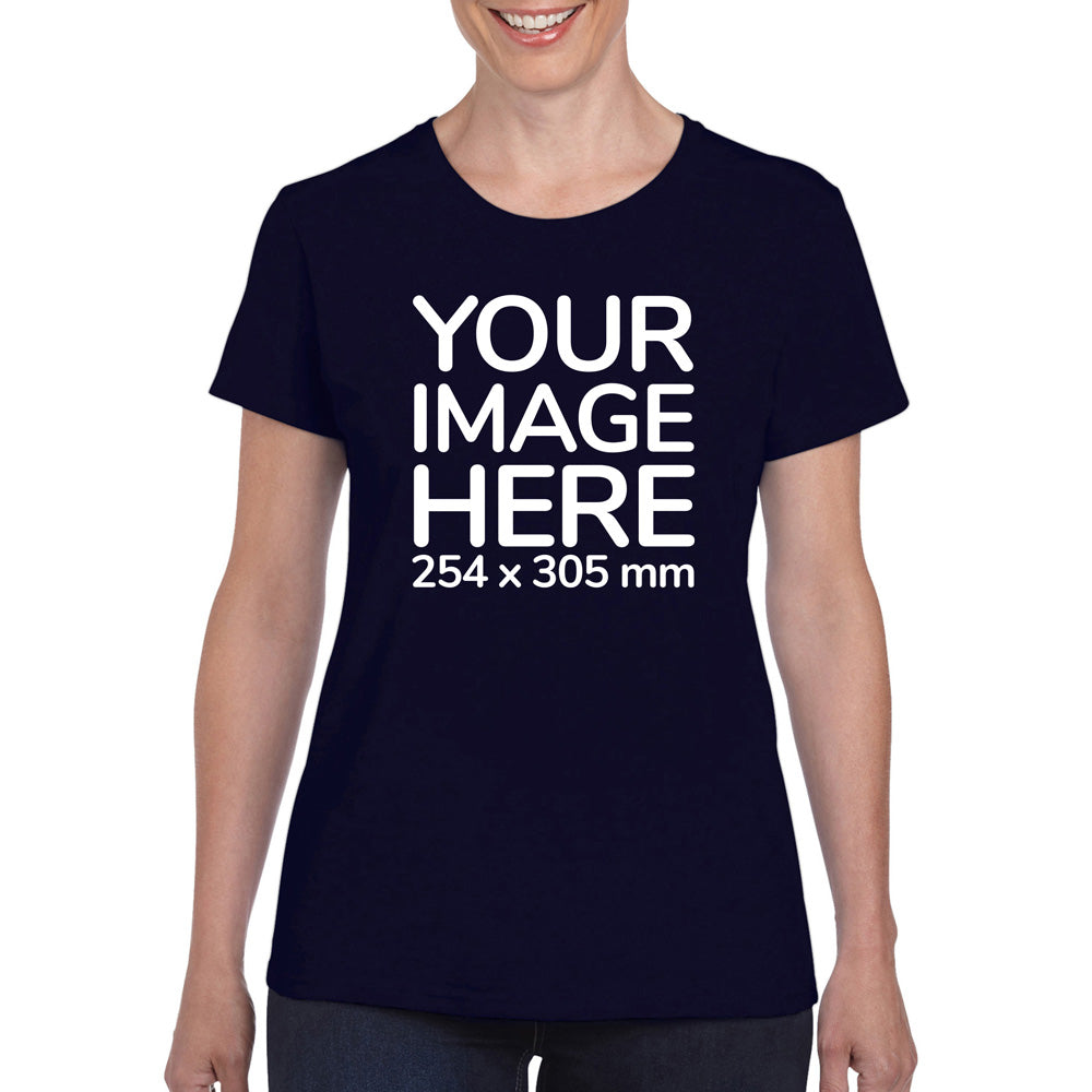 Women wearing a navy blue T-Shirt, displaying the front side, showing a placeholder image indicating that the Custom Tees can be customised with own design on front side.
