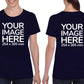 Women wearing a navy blue T-Shirt, displaying from front and back side, showing that the Custom Tees can be customised with own design.