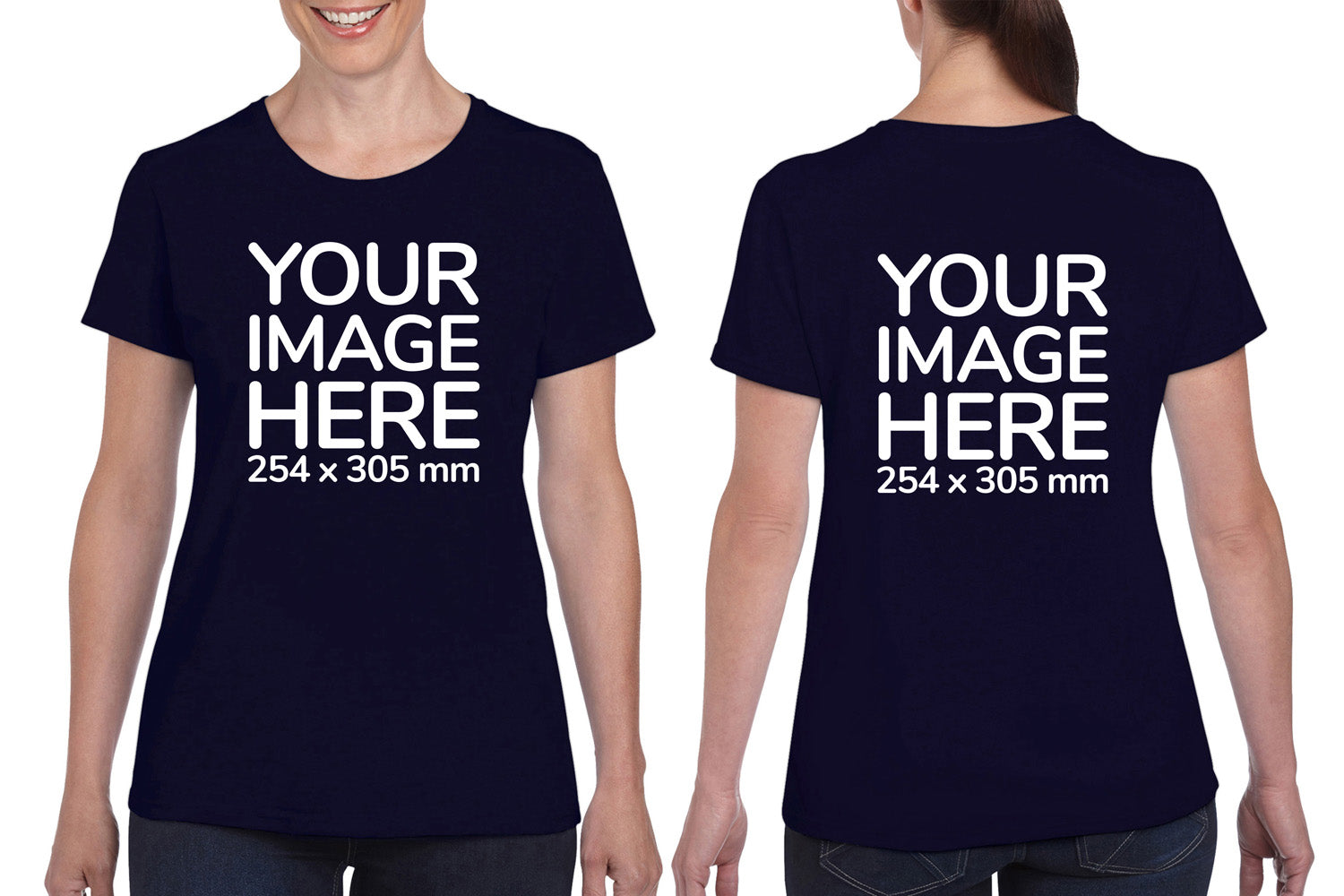 Women wearing a navy blue T-Shirt, displaying from front and back side, showing that the Custom Tees can be customised with own design.