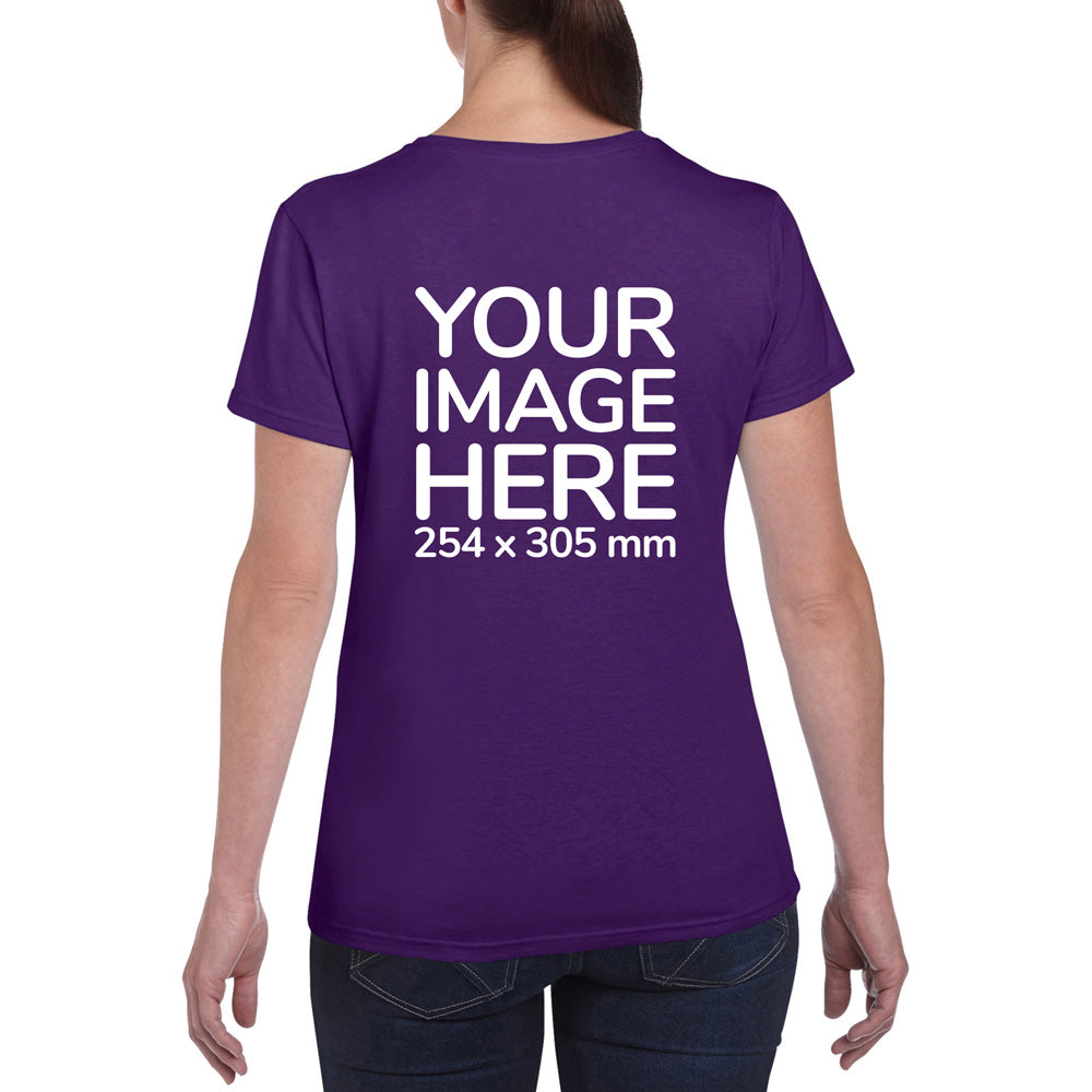 Women wearing a purple T-Shirt, displaying the back side, showing a placeholder image indicating that the Custom Tees can be customised with own design on back side.
