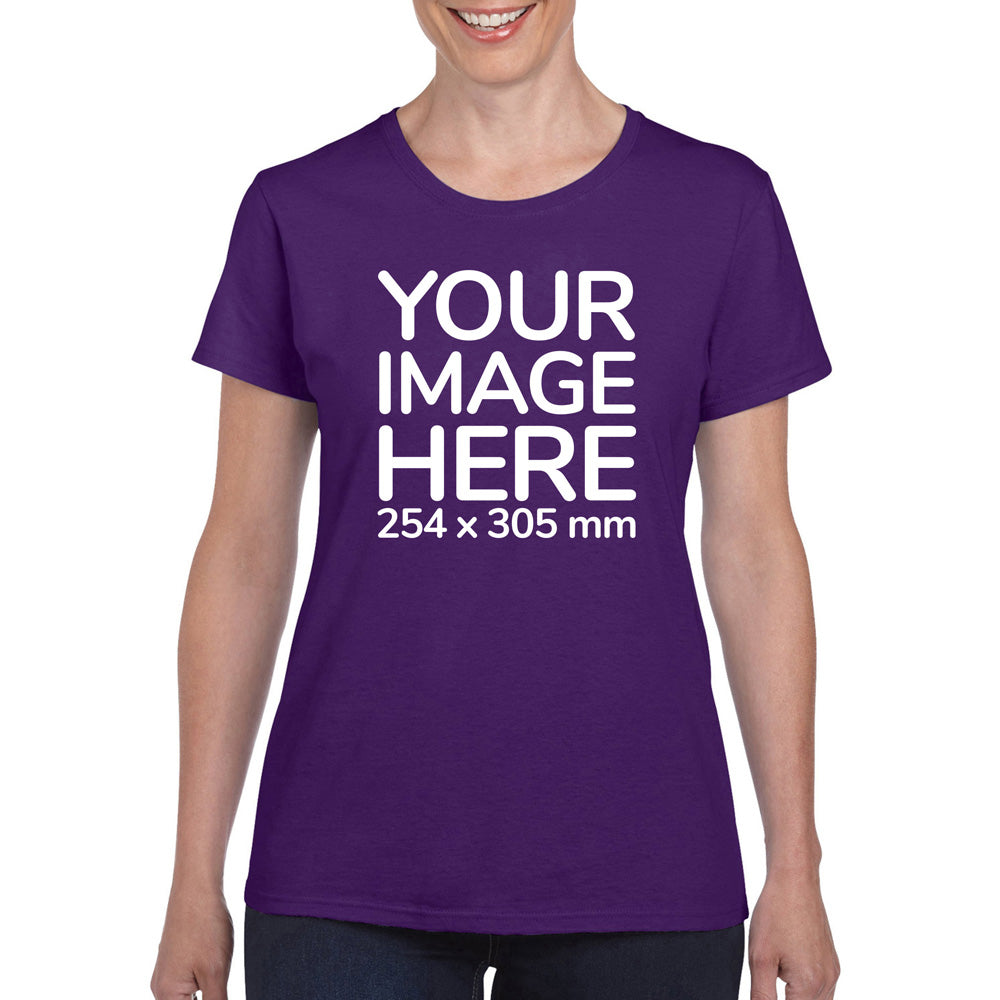 Women wearing a purple T-Shirt, displaying the front side, showing a placeholder image indicating that the Custom Tees can be customised with own design on front side.
