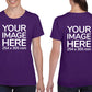 Women wearing a purple T-Shirt, displaying from front and back side, showing that the Custom Tees can be customised with own design.