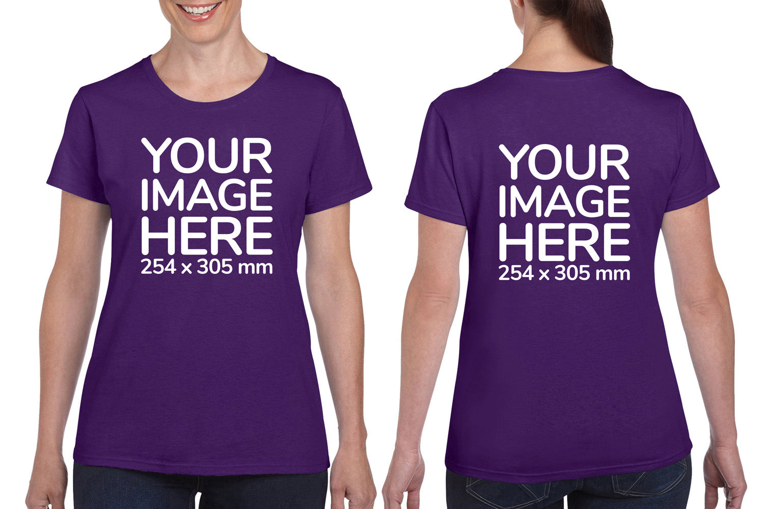 Women wearing a purple T-Shirt, displaying from front and back side, showing that the Custom Tees can be customised with own design.