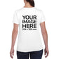 Women wearing a white T-Shirt, displaying the back side, showing a placeholder image indicating that the Custom Tees can be customised with own design on back side.