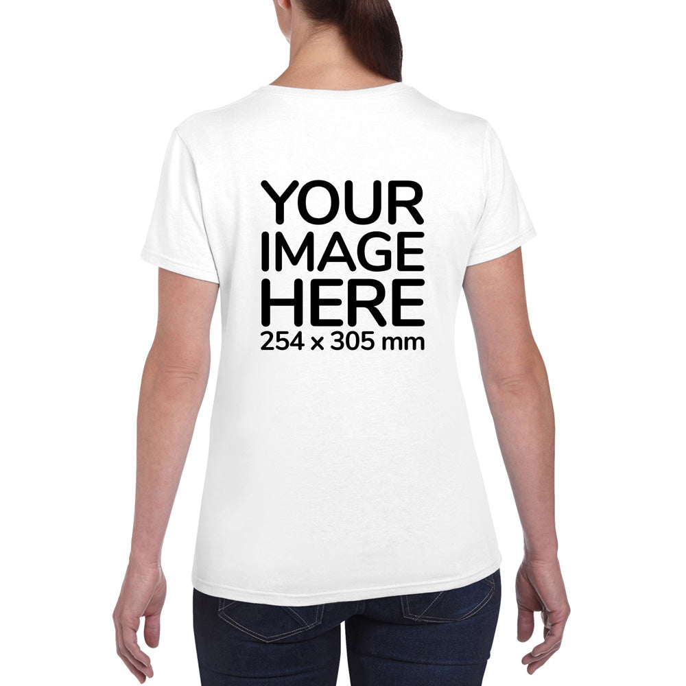 Women wearing a white T-Shirt, displaying the back side, showing a placeholder image indicating that the Custom Tees can be customised with own design on back side.