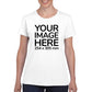 Women wearing a white T-Shirt, displaying the front side, showing a placeholder image indicating that the Custom Tees can be customised with own design on front side.