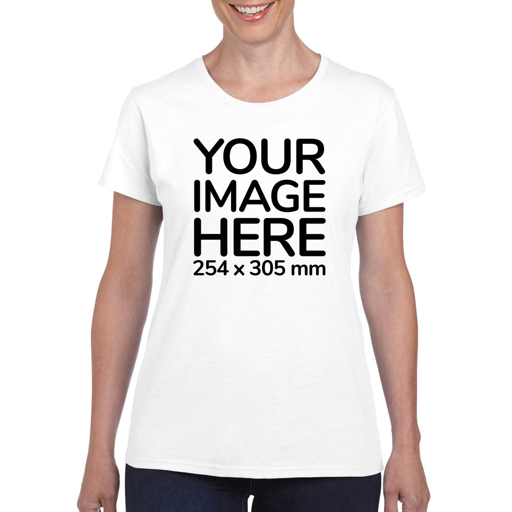 Women wearing a white T-Shirt, displaying the front side, showing a placeholder image indicating that the Custom Tees can be customised with own design on front side.
