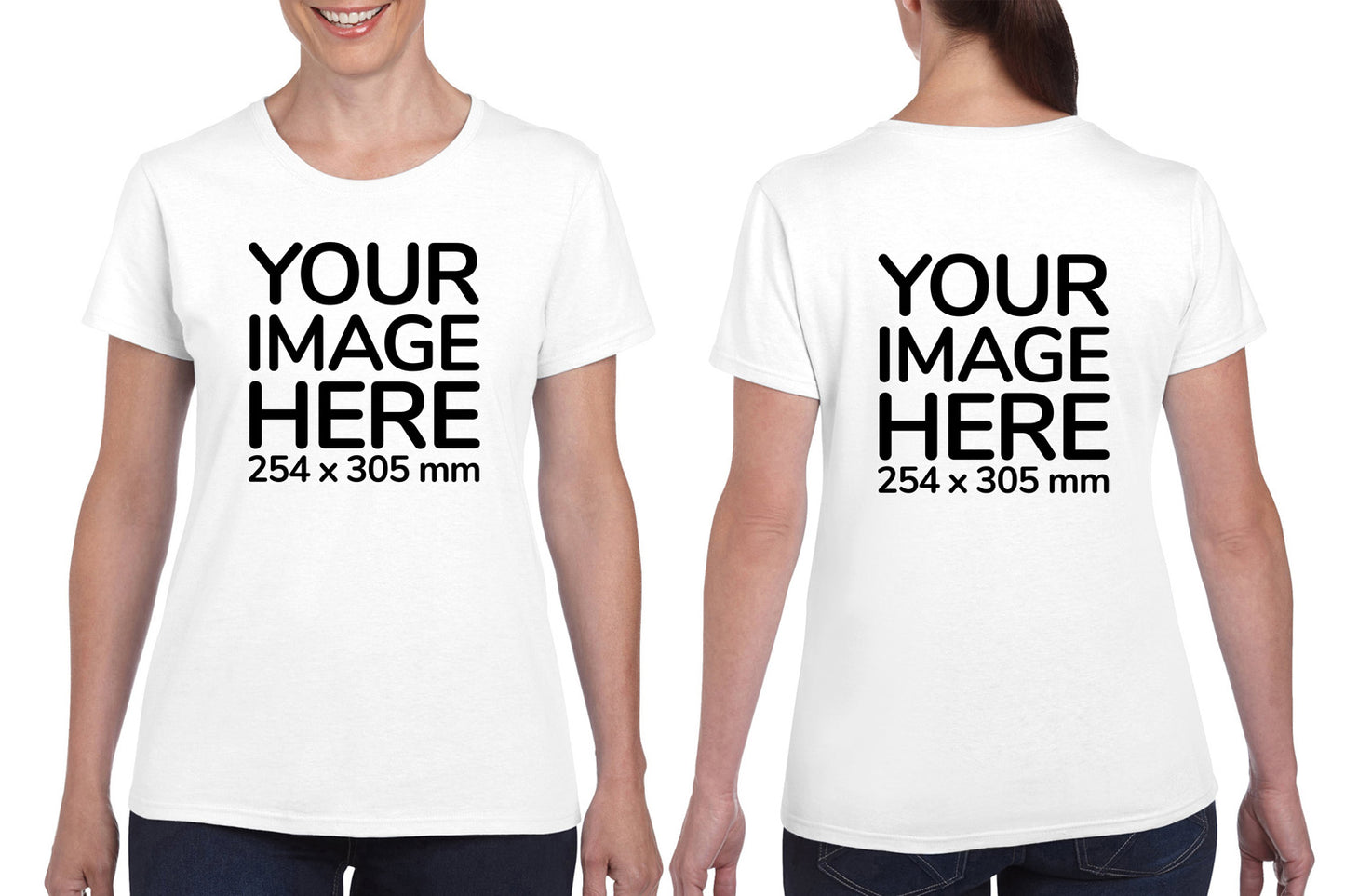 Women wearing a white T-Shirt, showing from front and back side, showing that the Custom Tees can be customised with own design.