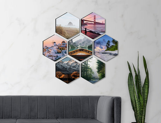 Hexagon Photo Tiles displayed on a wall