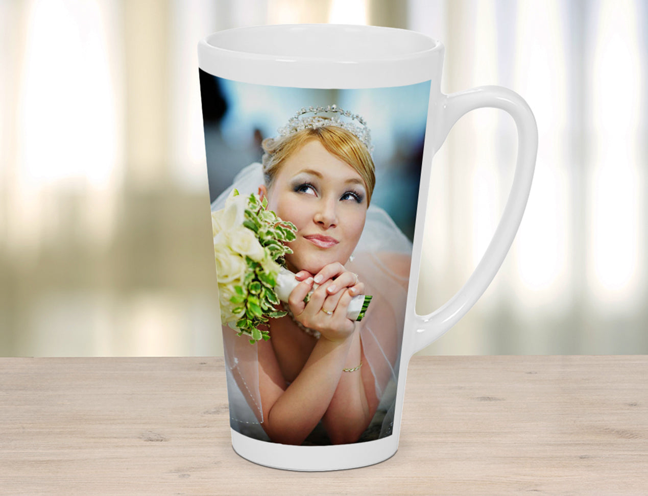 A large Latte Mug (17oz) which is personalised with a picture of a bride