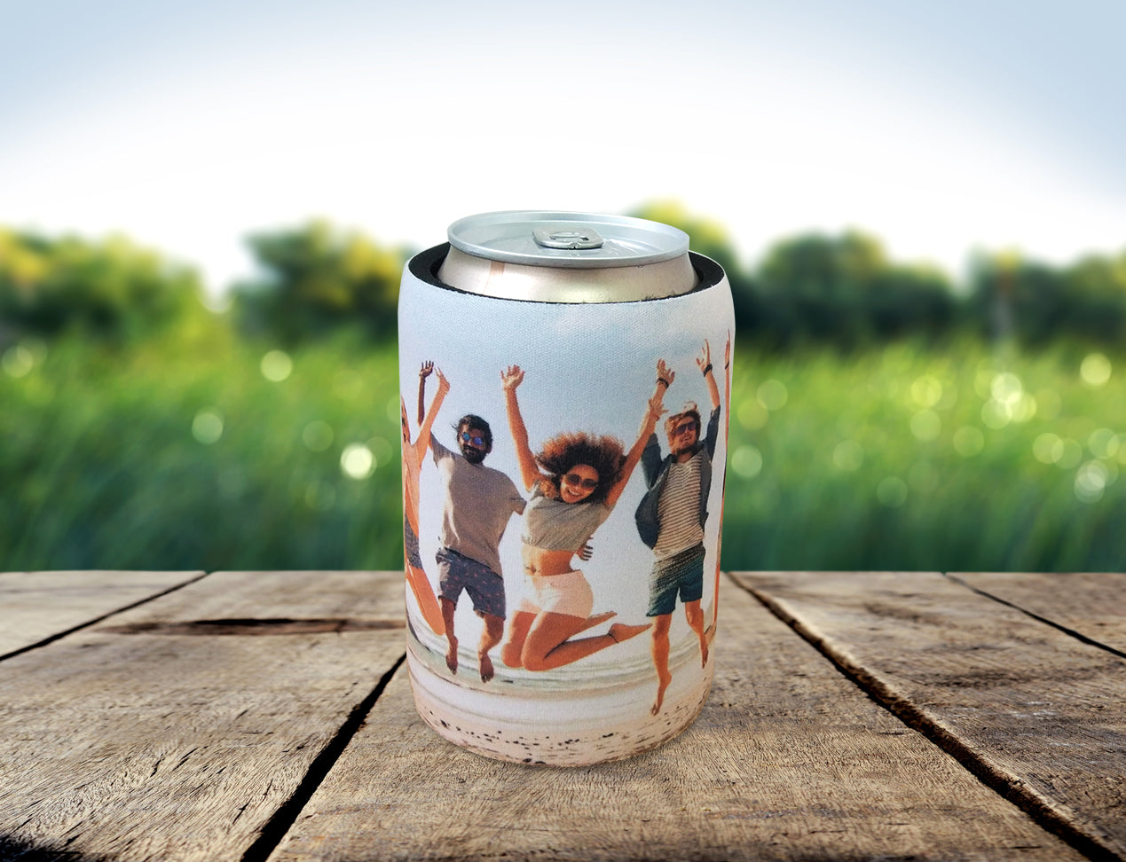 Personalised Stubby Cooler, holding a beer can -  Customised with a wrapped around picture