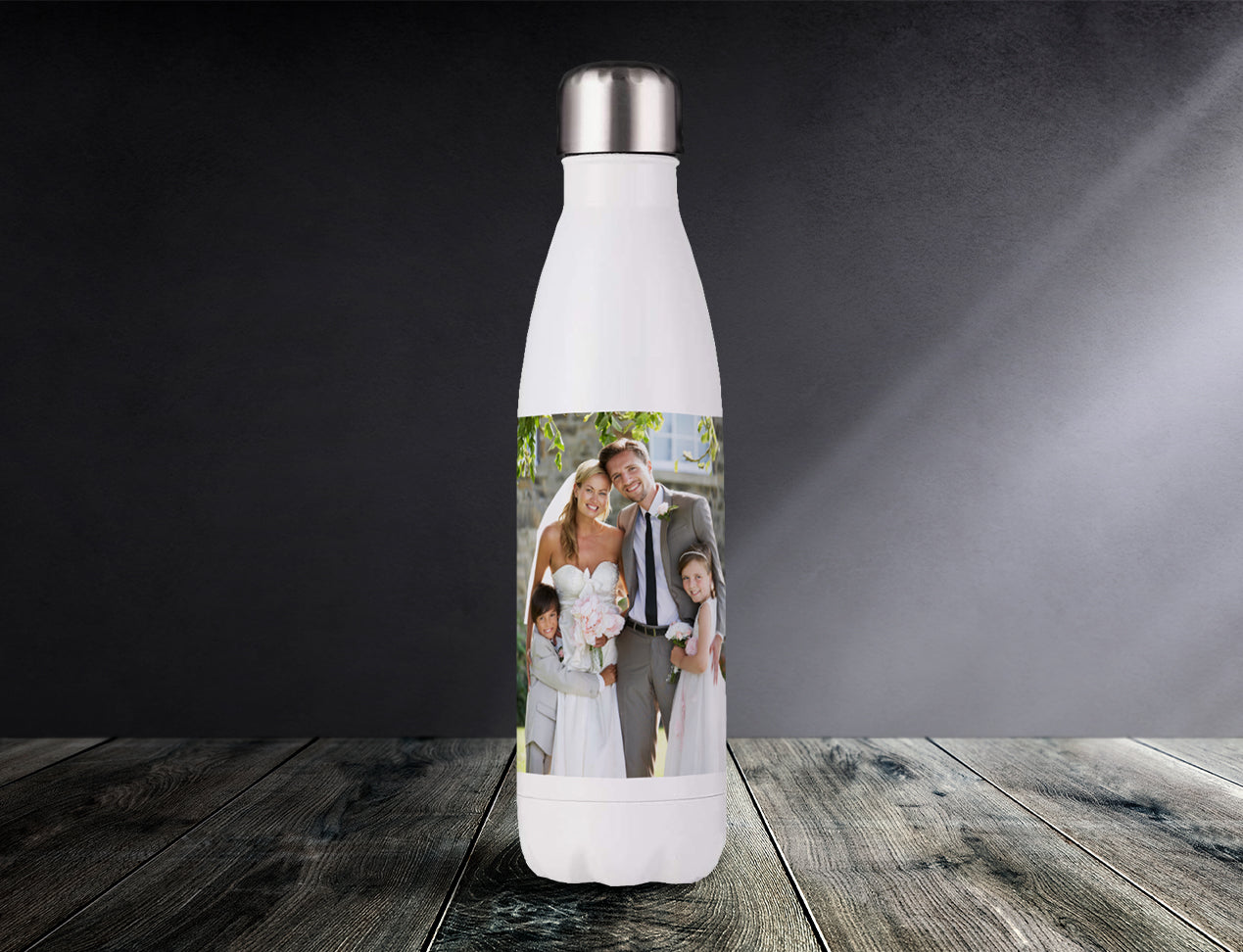 This image shows a personalised water bottle which is customised with couple image.  Great as a gift or sports bottle.