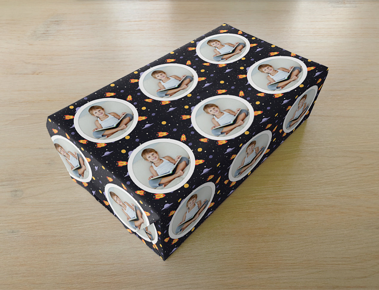 Personalised Gift Wrapping Paper - dark design personalised with repeating photo of kid