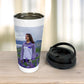 A Custom Travel Mug that is showing a user's image and standing on table with lid taken off