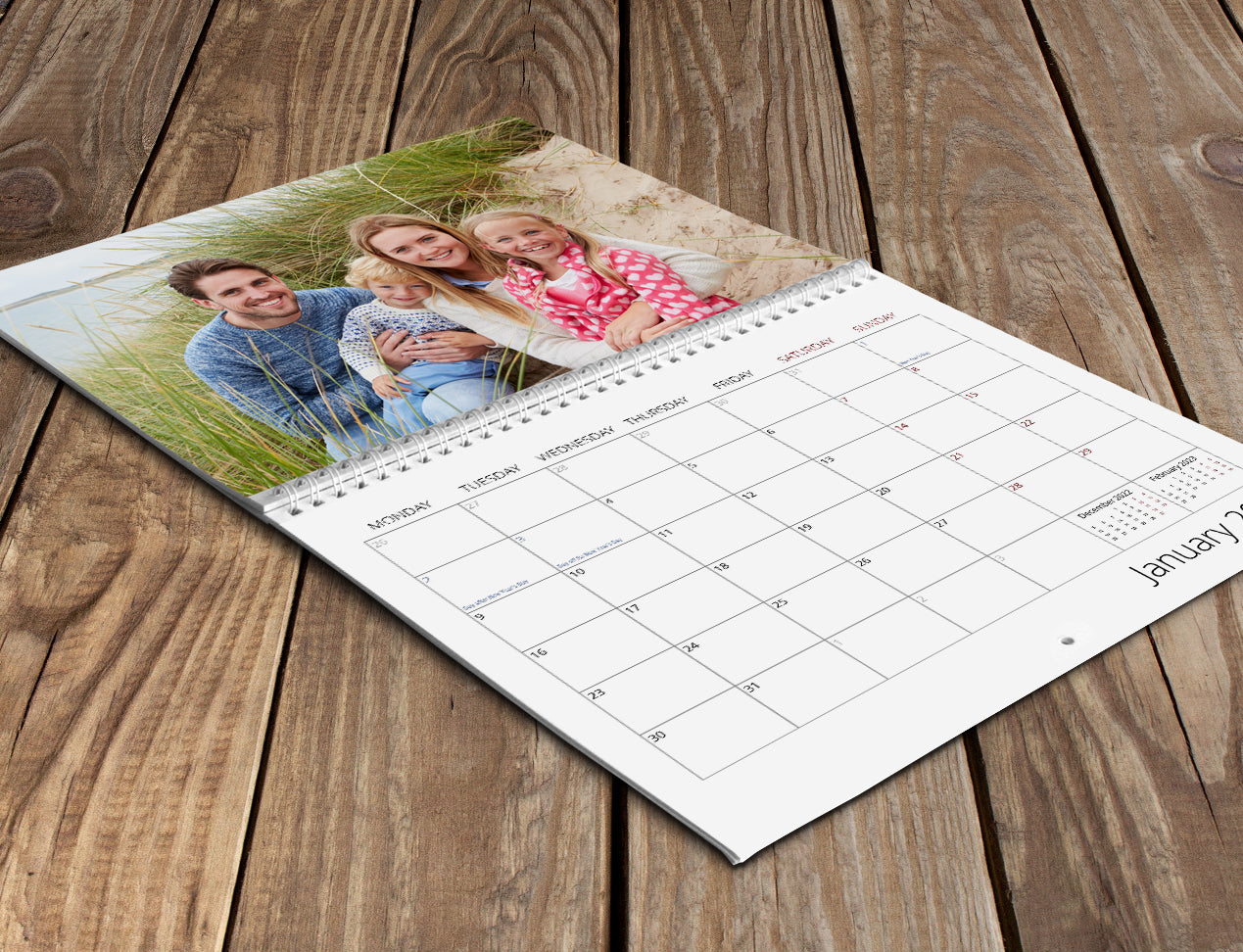 Close up of Wall Calendars showing surface, grid and spiral binding 