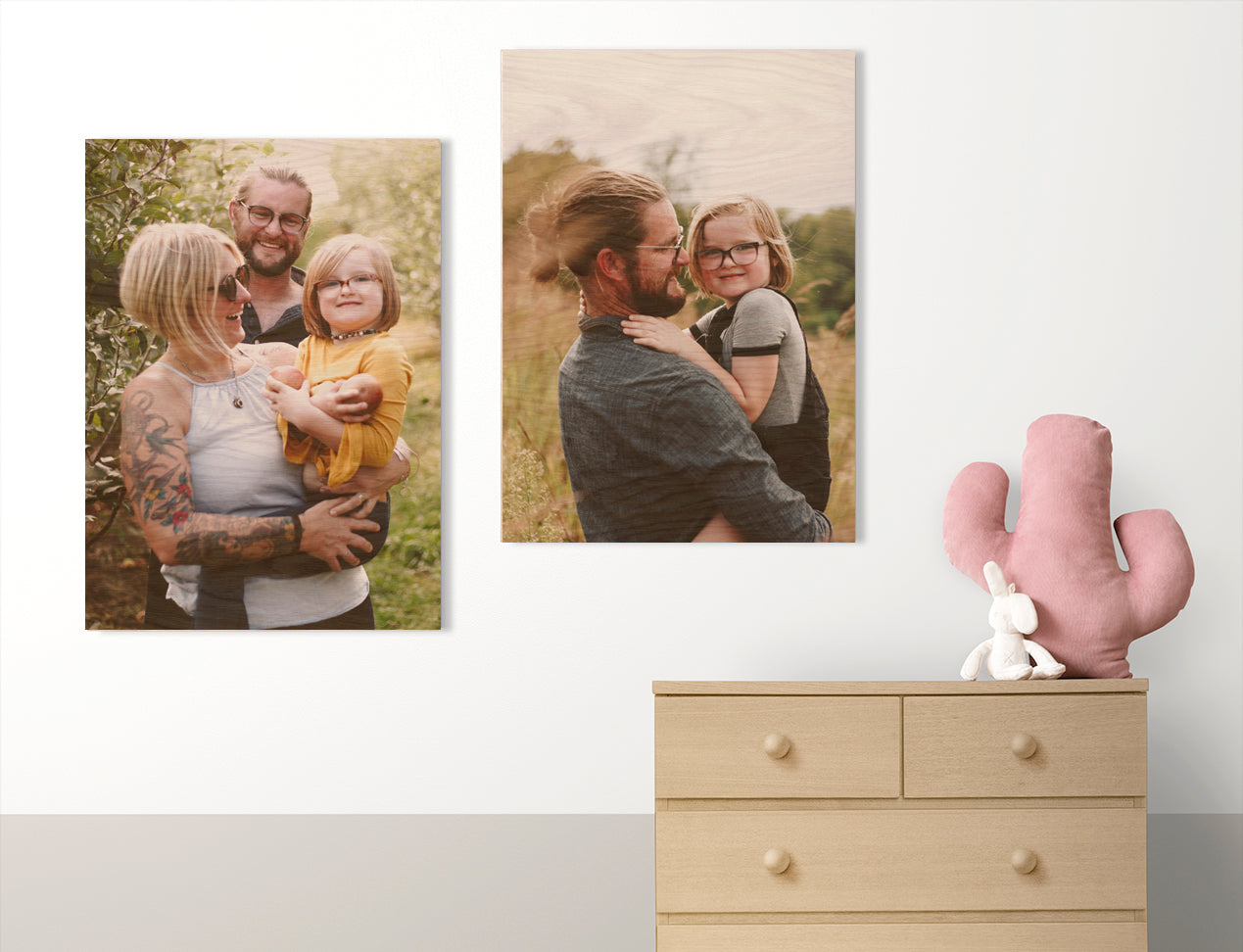 Collection of Family Picture printed on Wood and hanging on the wall