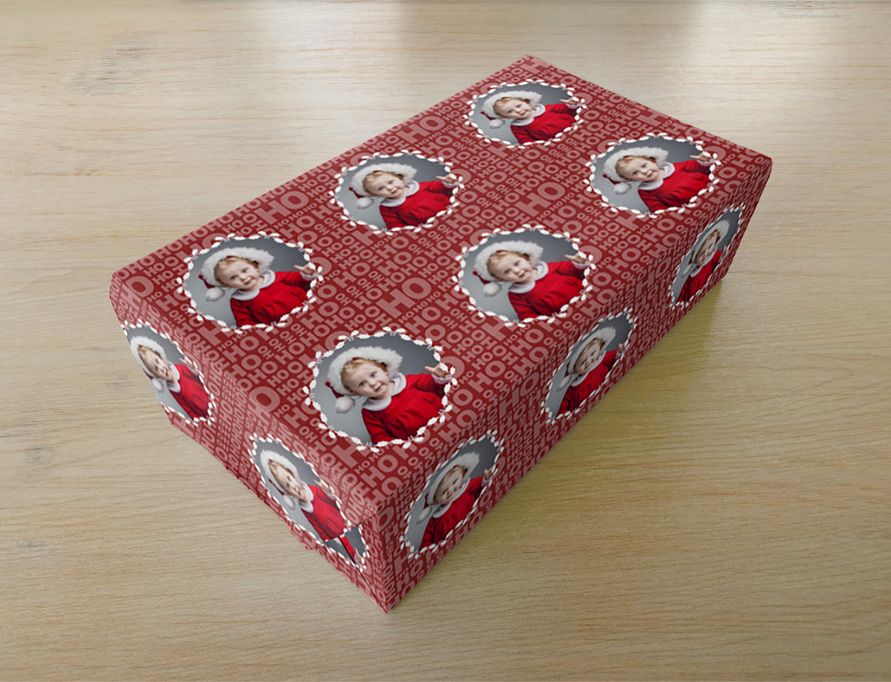 Gift Wrapping design with Christmas text and personalised repeating picture